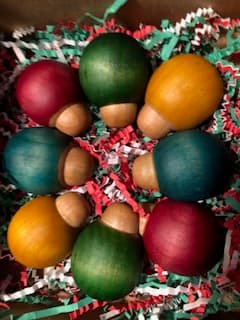 Close-up of handcrafted wooden trees with natural grain